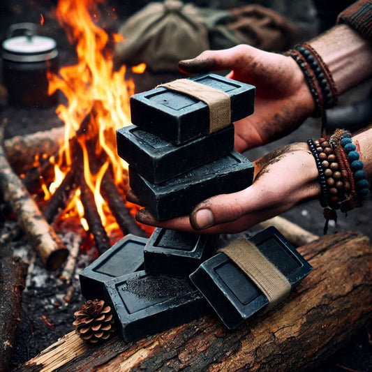 Activated Charcoal Soap next to a campfire